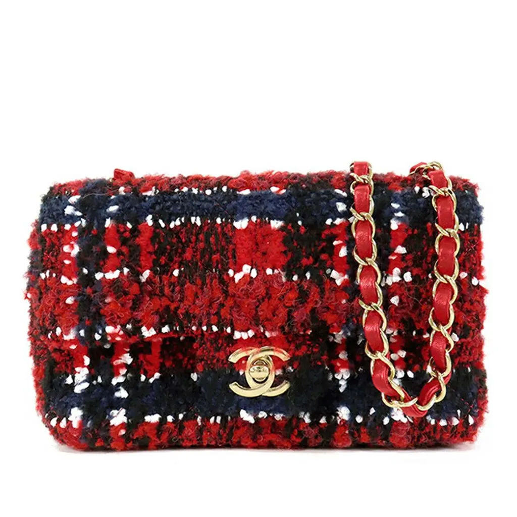 Chanel Mini Rectangular Classic Tweed Plaid Single Flap Red Tweed Good - Front View