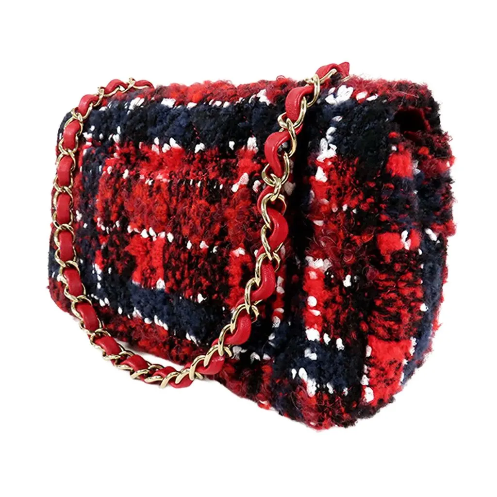 Chanel Mini Rectangular Classic Tweed Plaid Single Flap Red Tweed Good - Back View