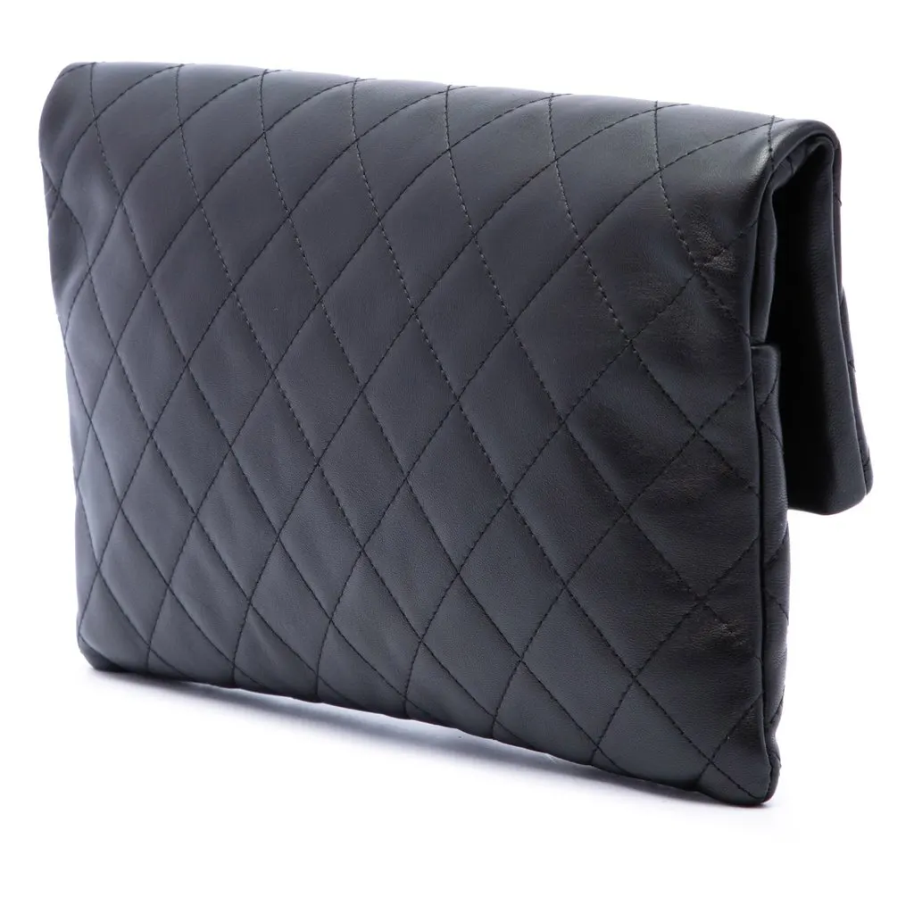 Chanel Quilted Lambskin CC Beauty Foldover Clutch Black Leather Very good - Back View
