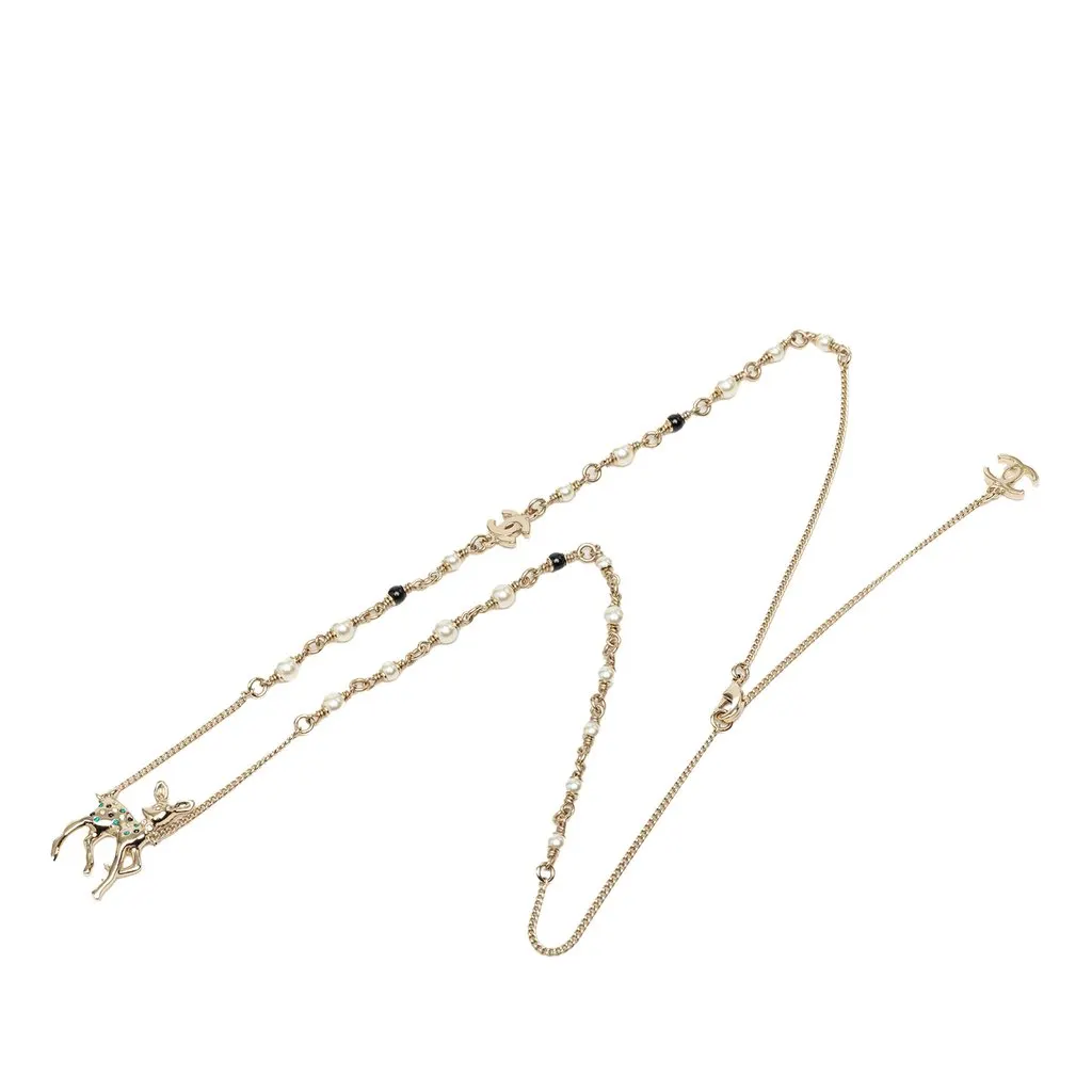 Chanel CC Gold Plated Faux Pearl and Strass Deer Pendant Necklace Gold Metal Very good - Front View