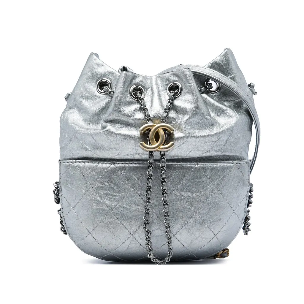 Chanel Small Quilted Metallic Aged Calfskin Gabrielle Bucket Bag Silver Leather Very good - Front View