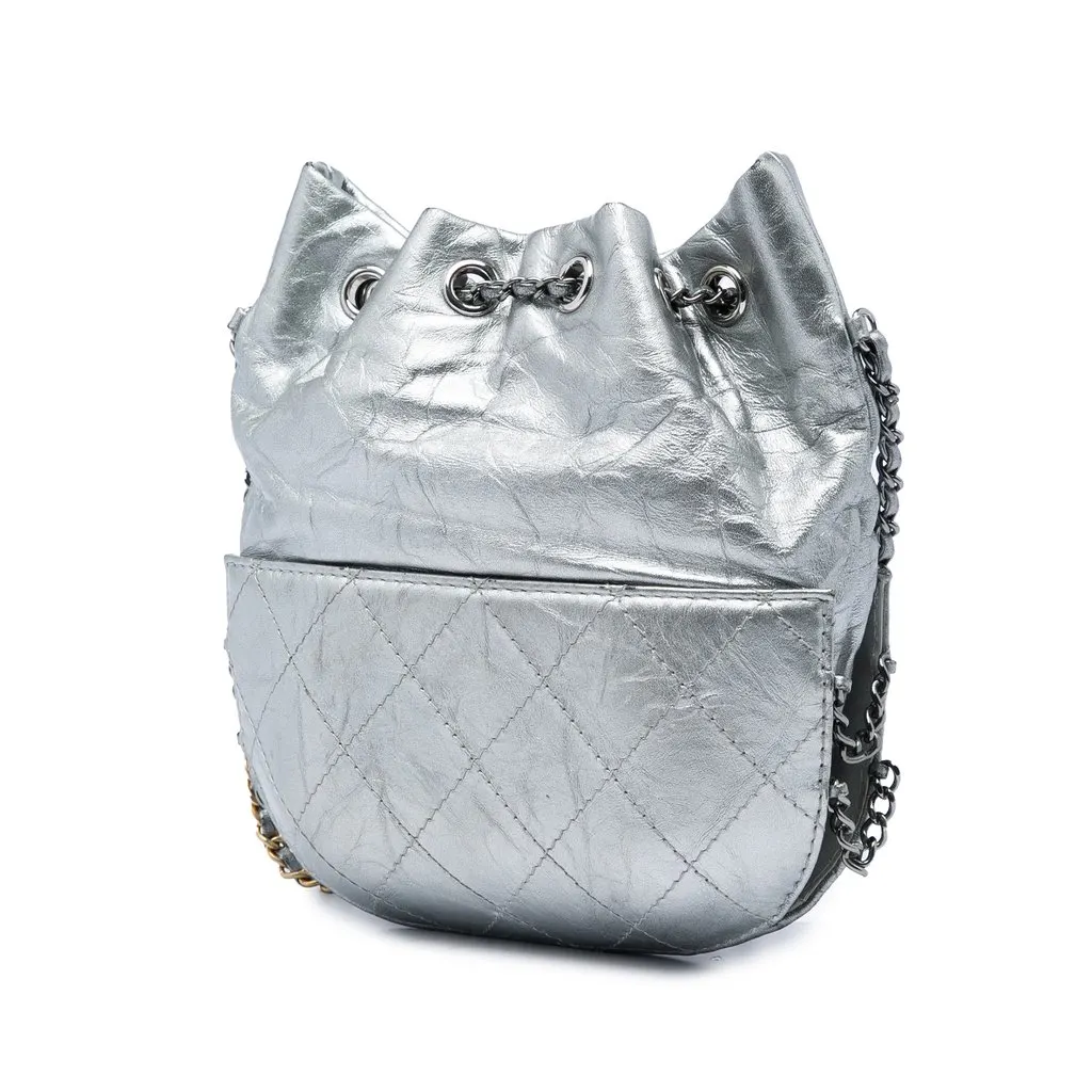 Chanel Small Quilted Metallic Aged Calfskin Gabrielle Bucket Bag Silver Leather Very good - Back View