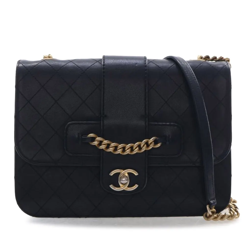 Chanel Large Quilted Sheepskin Front Chain Flap Black Leather Very good - Front View