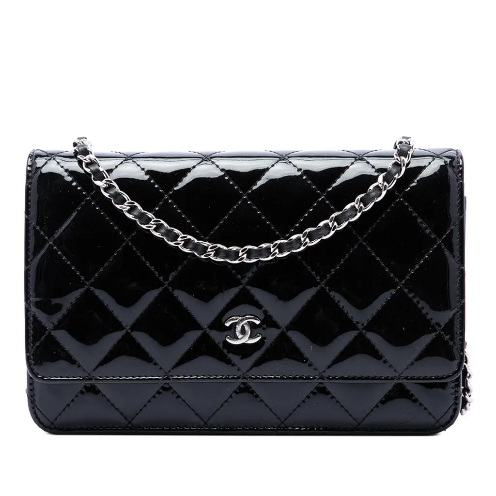 Chanel CC Quilted Patent Wallet On Chain Black Leather Very good - Front View