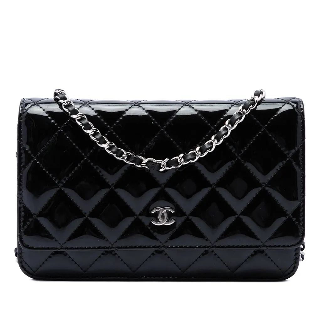 Chanel CC Quilted Patent Wallet On Chain Black Leather Very good - Front View