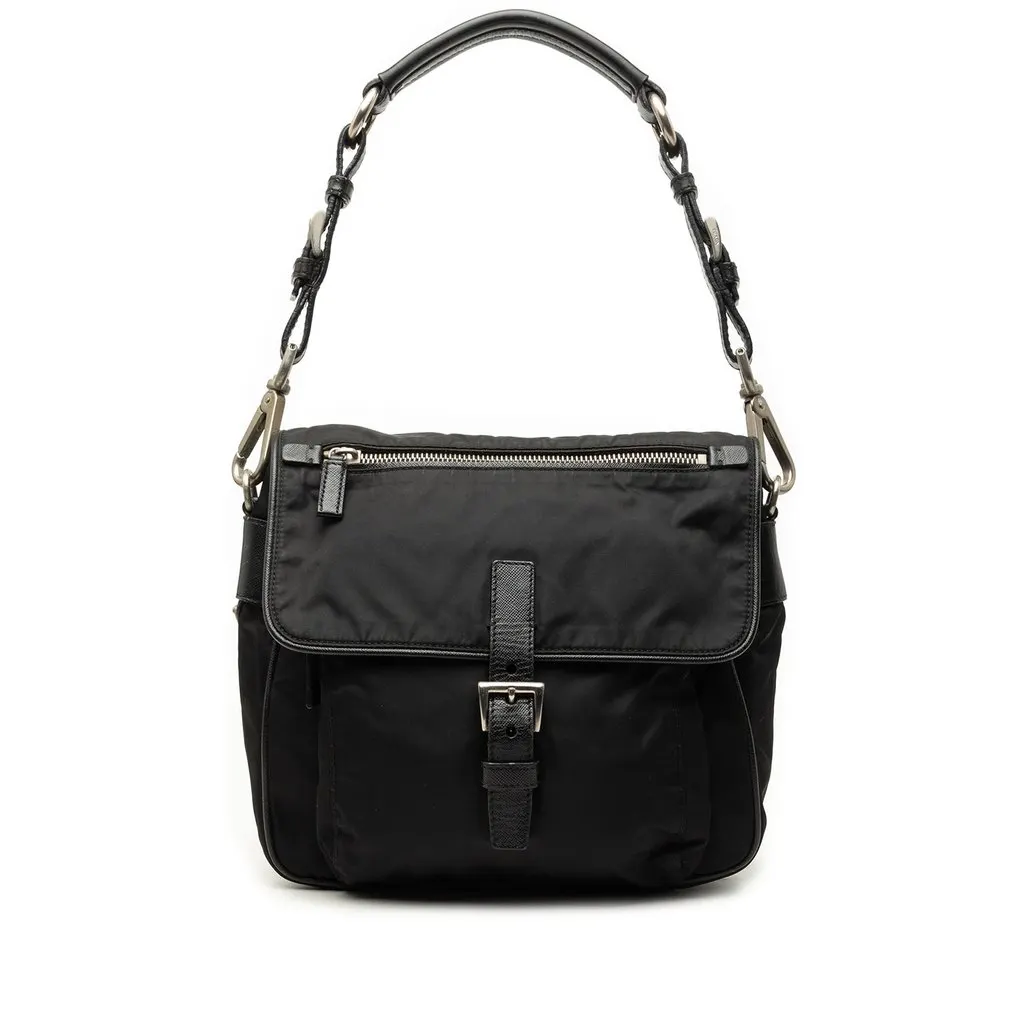 Prada Saffiano Trimmed Tessuto Shoulder Bag Black Very good - Front View