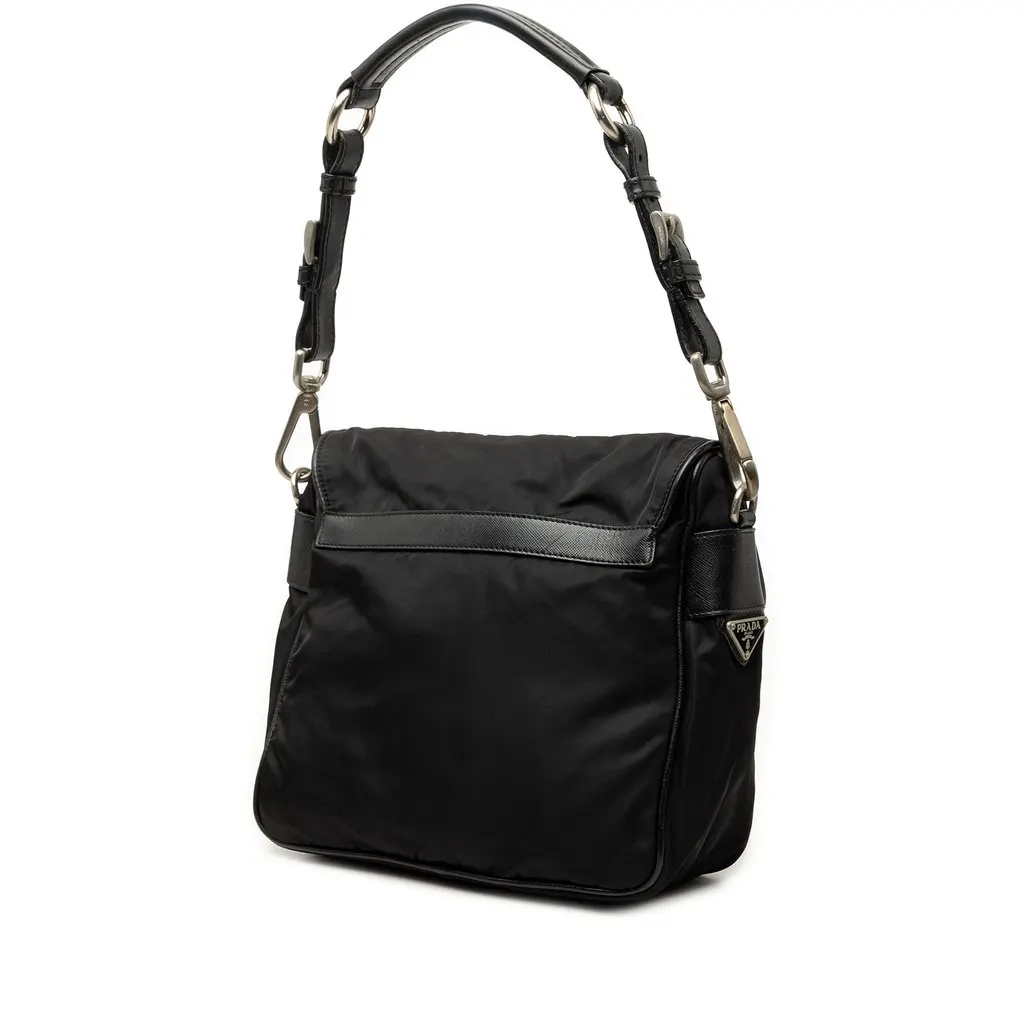 Prada Saffiano Trimmed Tessuto Shoulder Bag Black Very good - Back View