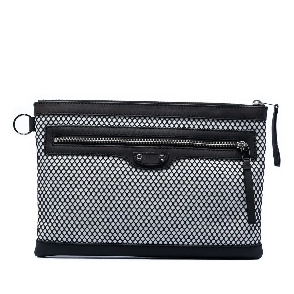 Balenciaga Lambskin and Mesh Motocross Classic Clip Clutch M Black Leather Very good - Front View