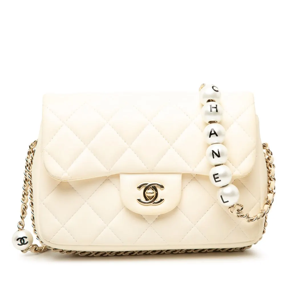 Chanel Mini Quilted Lambskin My Precious Pearls Chain Flap White Leather Very good - Front View