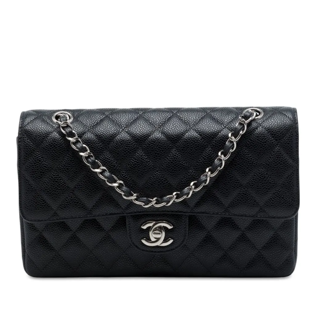 Chanel Medium Classic Caviar Double Flap Black Leather Very good - Front View