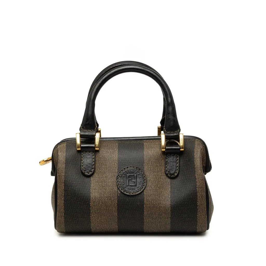 Fendi Mini Pequin Coated Canvas Convertible Boston Bag Brown Canvas Good - Front View
