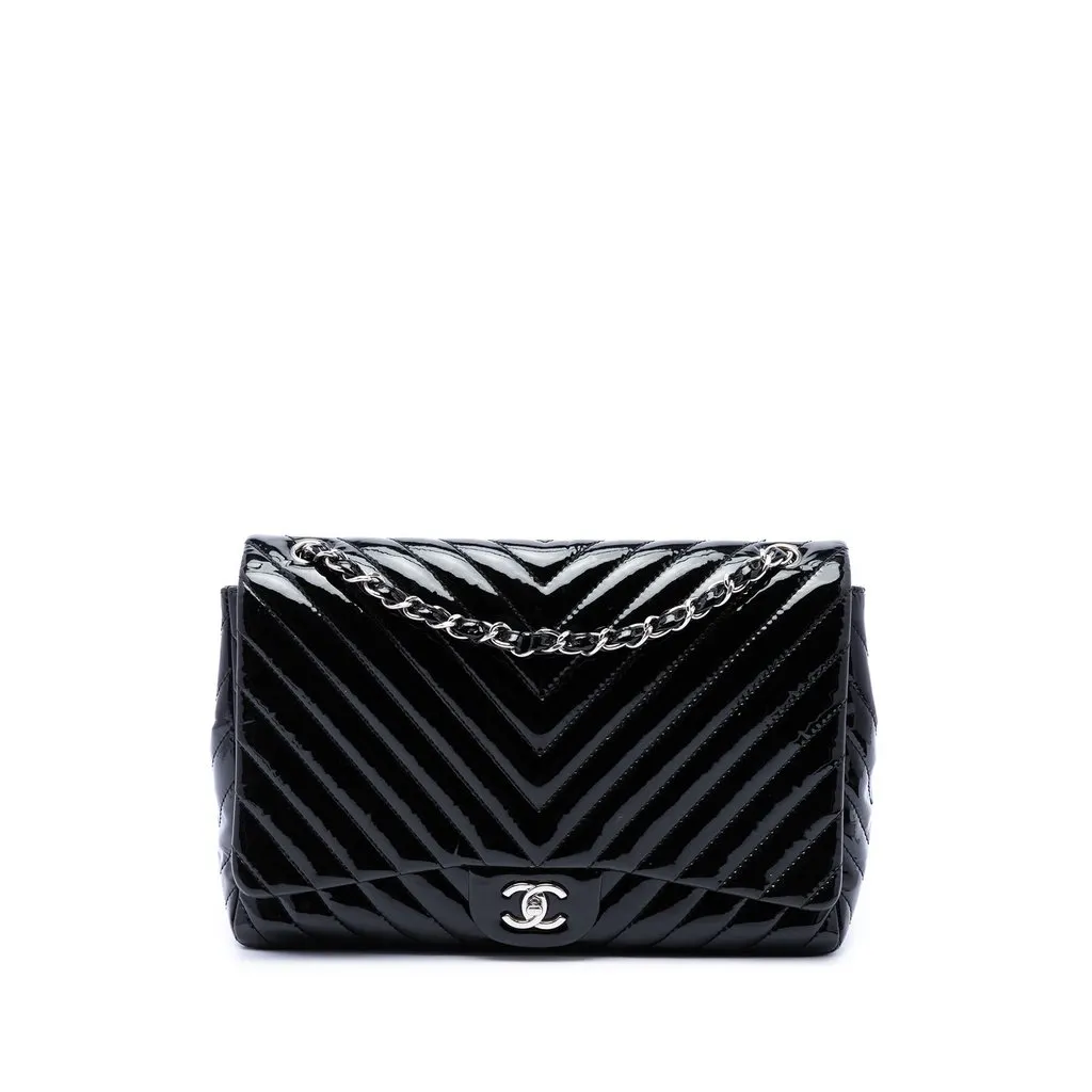 Chanel Jumbo Classic Chevron Patent Double Flap Black Leather Very good - Front View