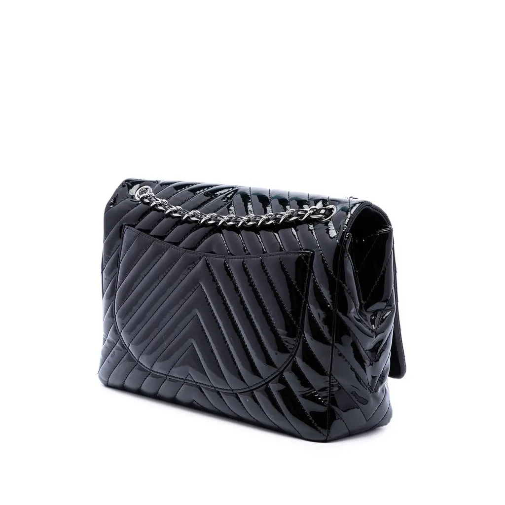 Chanel Jumbo Classic Chevron Patent Double Flap Black Leather Very good - Back View