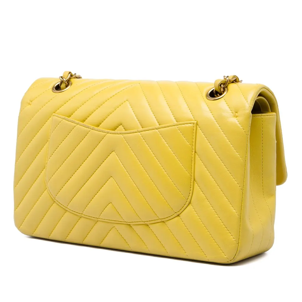 Chanel Medium Classic Chevron Lambskin Double Flap Yellow Leather Very good - Back View