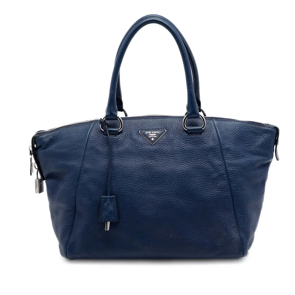 Prada Vitello Daino Double Handle Satchel Blue Leather Very good - Front View