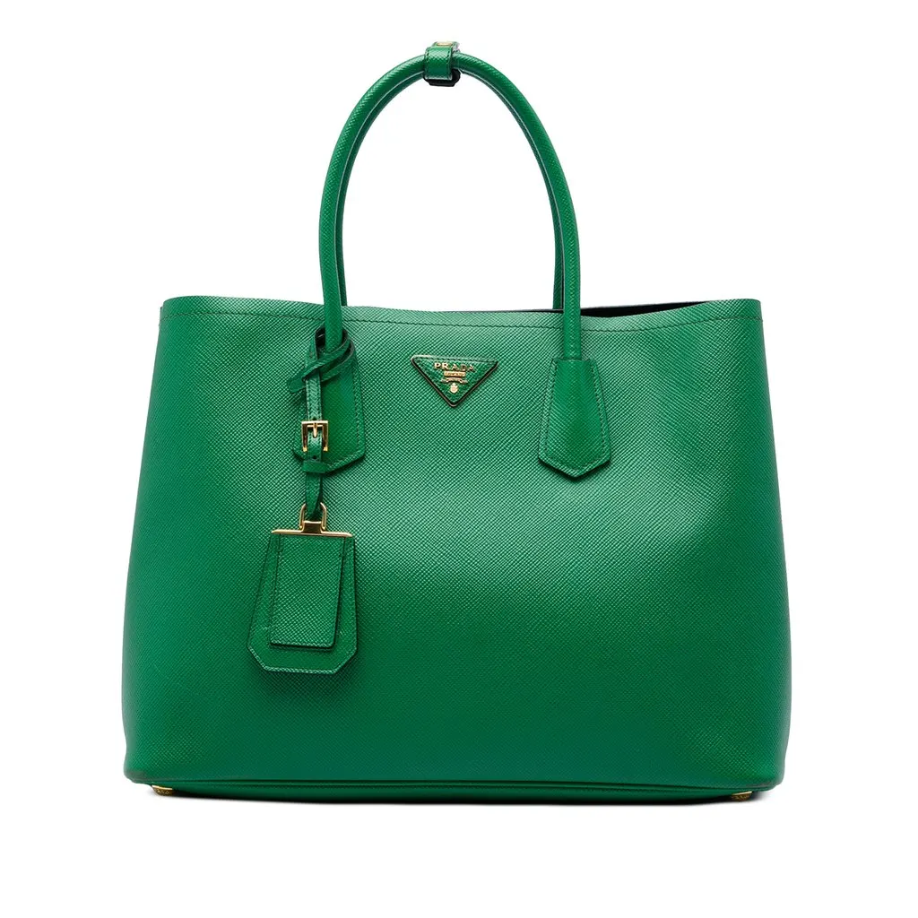 Prada Large Saffiano Cuir Double Satchel Green Leather Very good - Front View