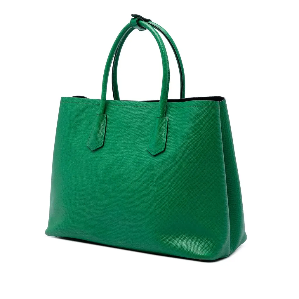 Prada Large Saffiano Cuir Double Satchel Green Leather Very good - Back View