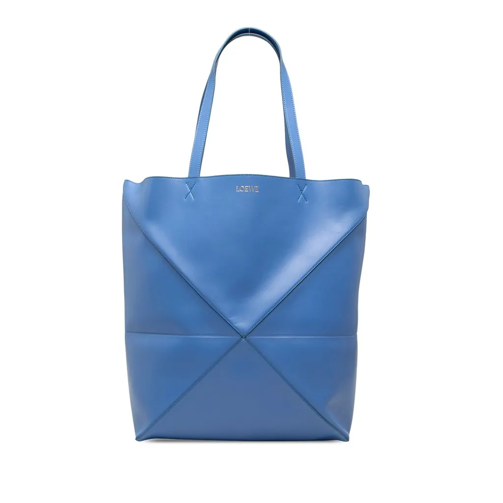 LOEWE Large Shiny Calfskin Puzzle Fold Tote Blue Leather Very good - Front View