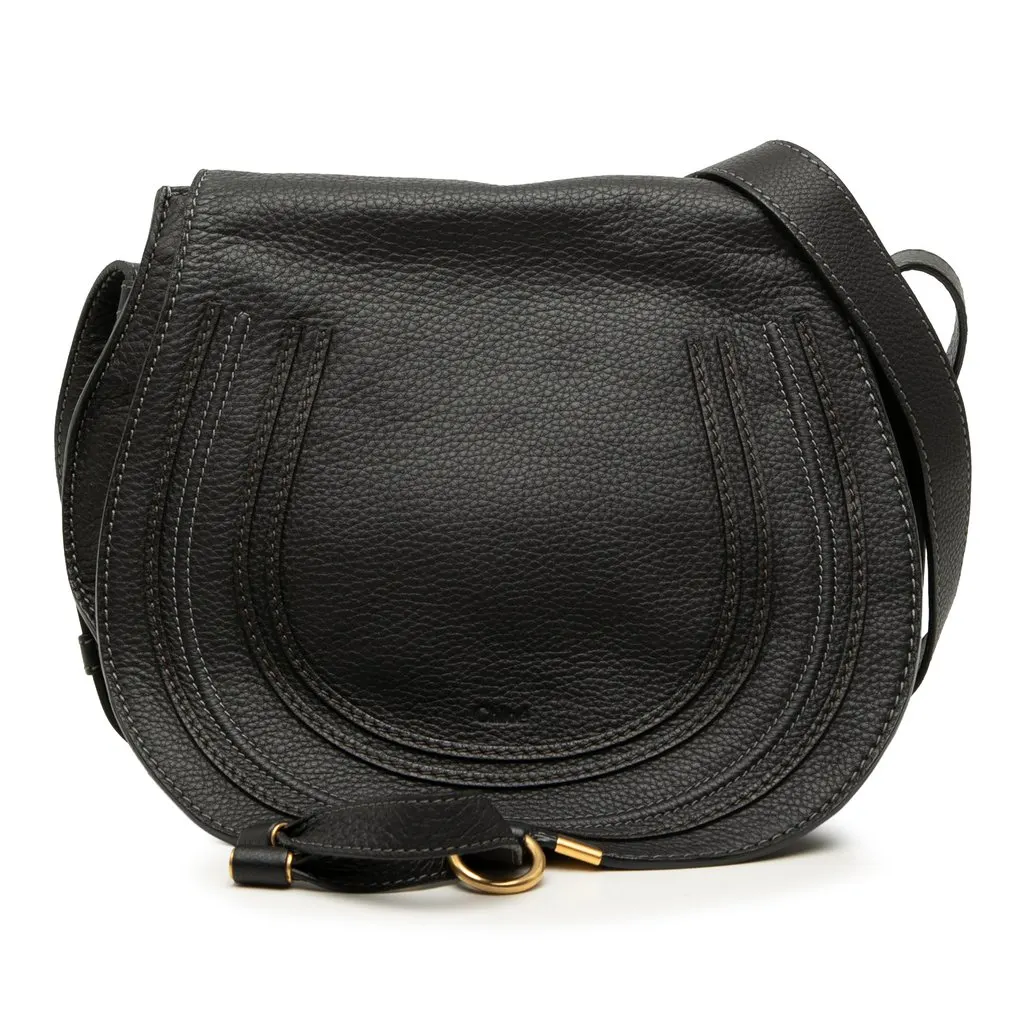 Chloé Medium Grained Calfskin Marcie Saddle Crossbody Black Leather Very good - Front View