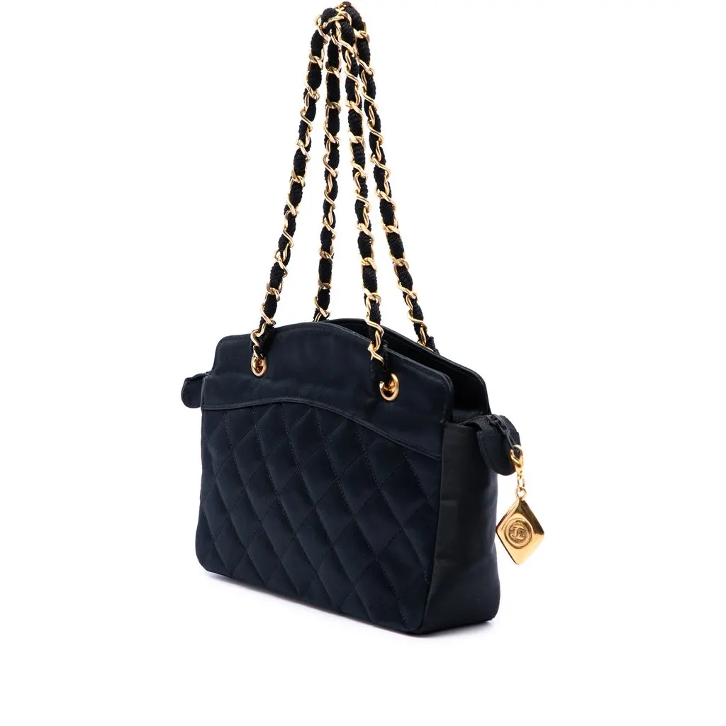 Chanel CC Quilted Satin Zip Handbag Black Satin Very good - Back View