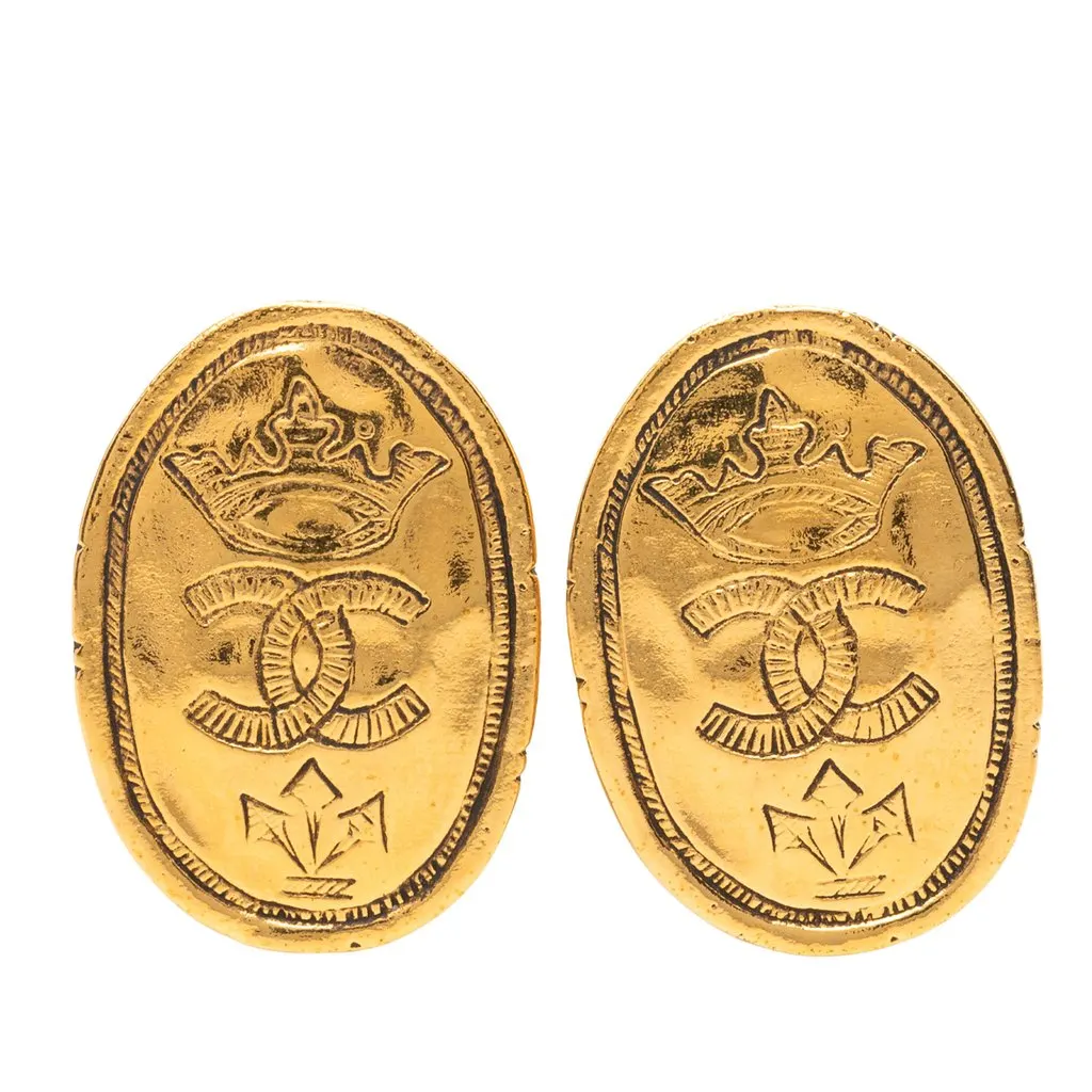 Chanel CC Gold Plated Crown Oval Clip On Earrings Gold Metal Very good - Front View
