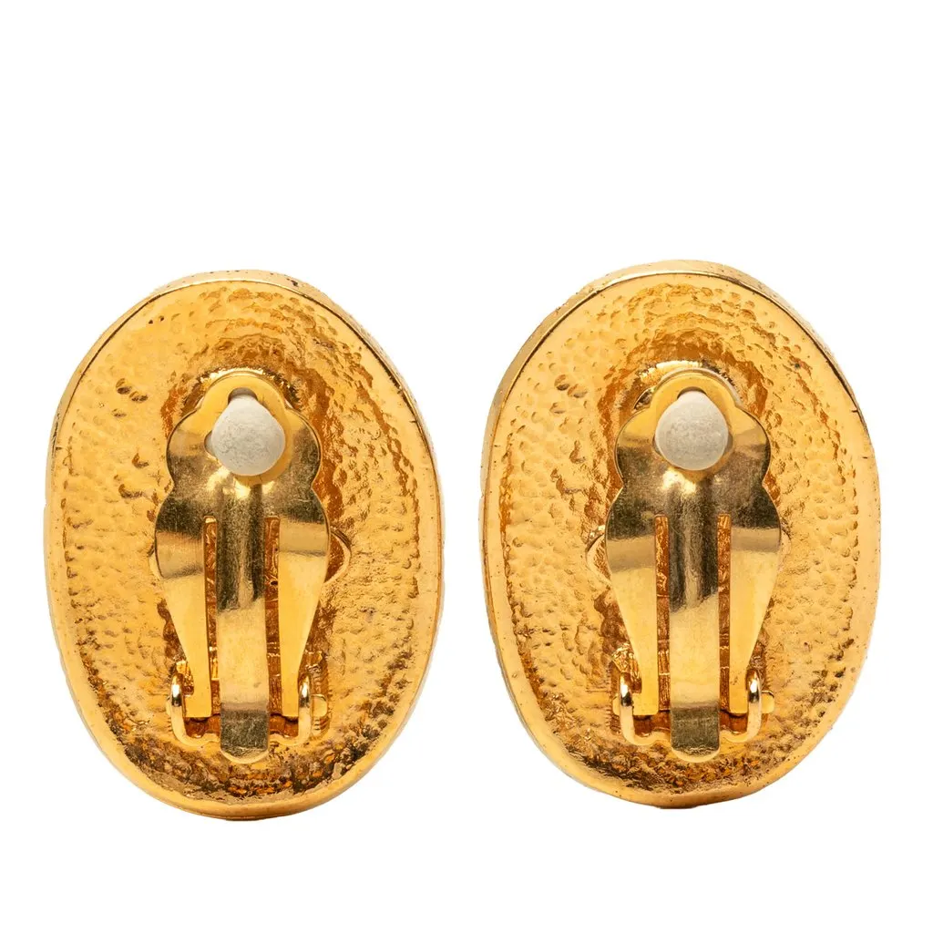 Chanel CC Gold Plated Crown Oval Clip On Earrings Gold Metal Very good - Back View