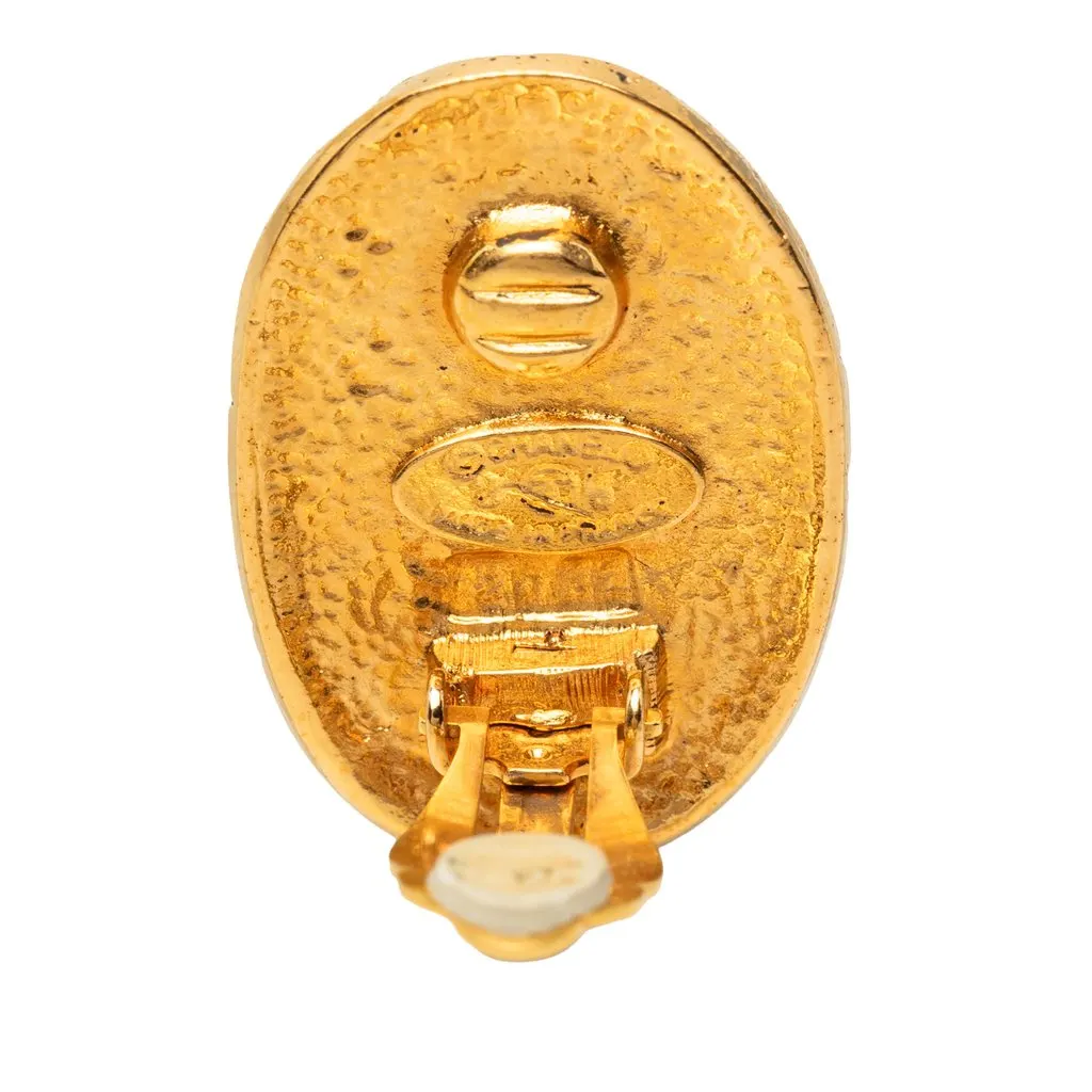 Chanel CC Gold Plated Crown Oval Clip On Earrings Gold Metal Very good - Inside View