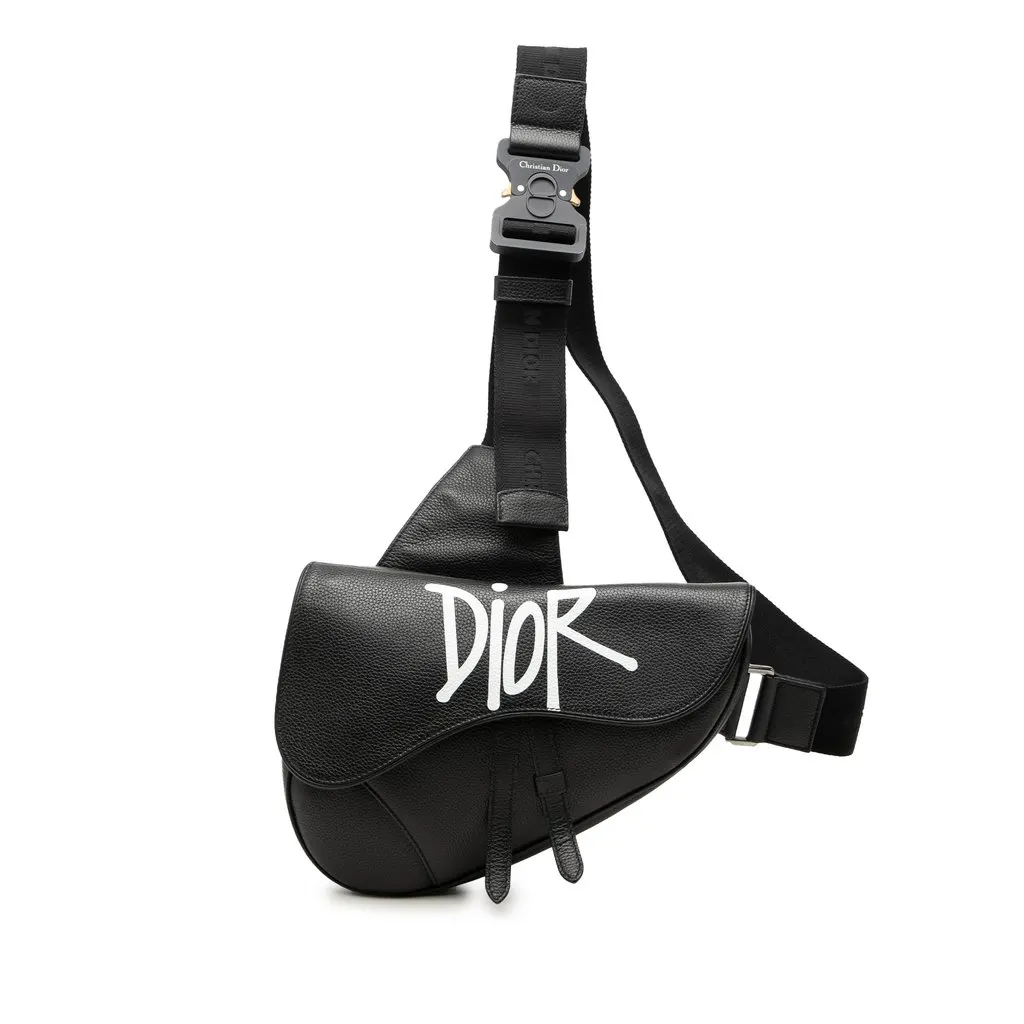 Dior Shawn Stussy Grained Calfskin Saddle Bag Black Leather Very good - Front View