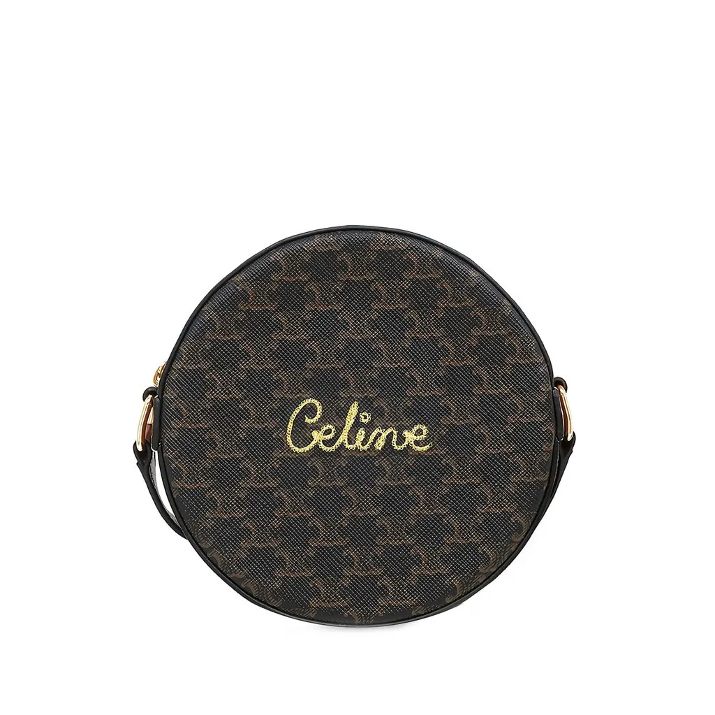 Celine Triomphe Coated Canvas Embroidered Round Purse on Strap Brown Very good - Front View