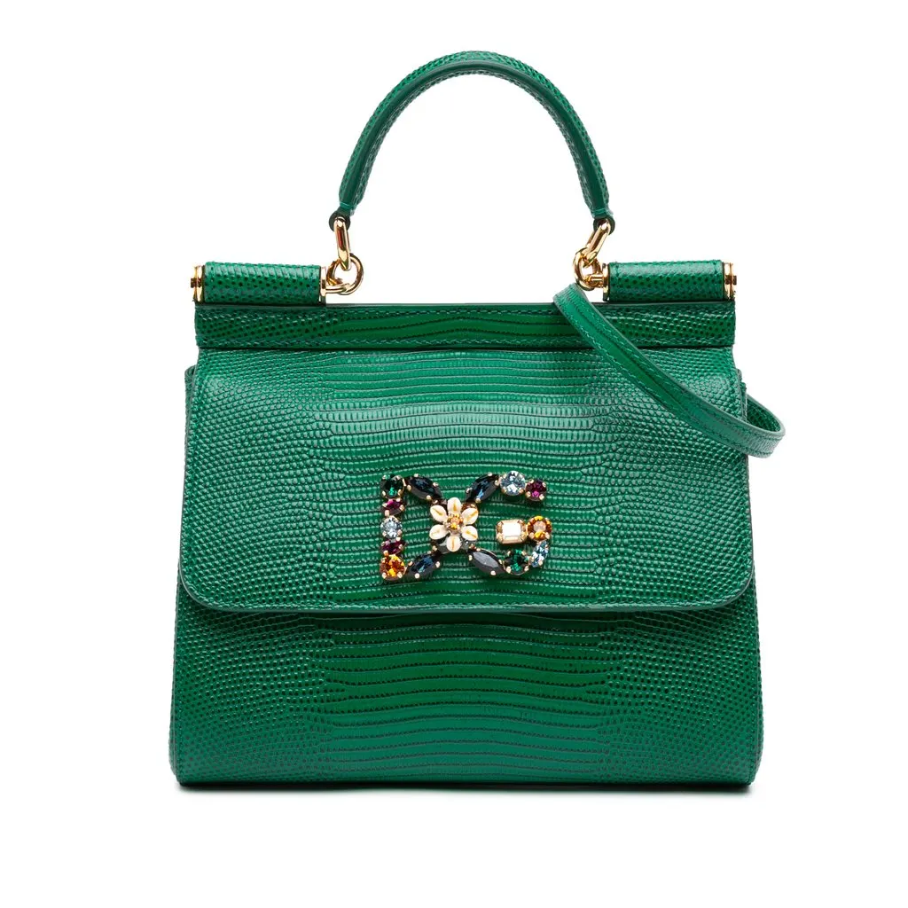 Dolce & Gabbana Small Iguana Embossed Calfskin Miss Sicily Satchel Green Leather Good - Front View