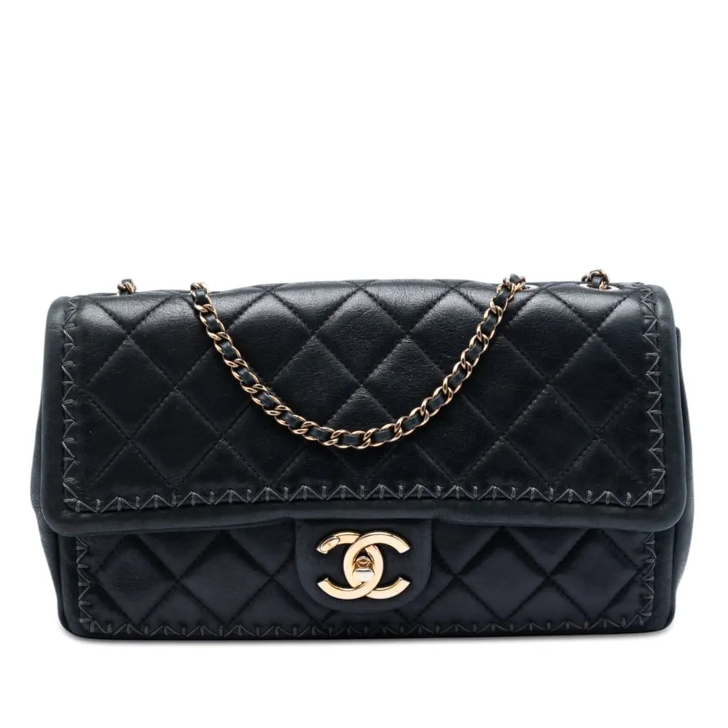 Chanel CC Quilted Iridescent Calfskin Whipstitch Single Flap Black Leather Very good - Front View