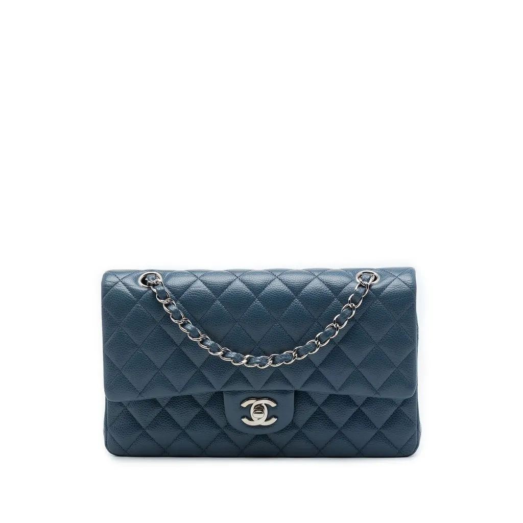 Chanel Medium Classic Caviar Double Flap Blue Leather Very good - Front View