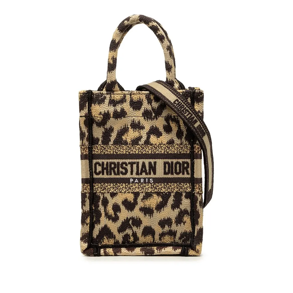 Dior Mizza Mini Embroidered Canvas Leopard Vertical Book Tote Beige Canvas Very good - Front View