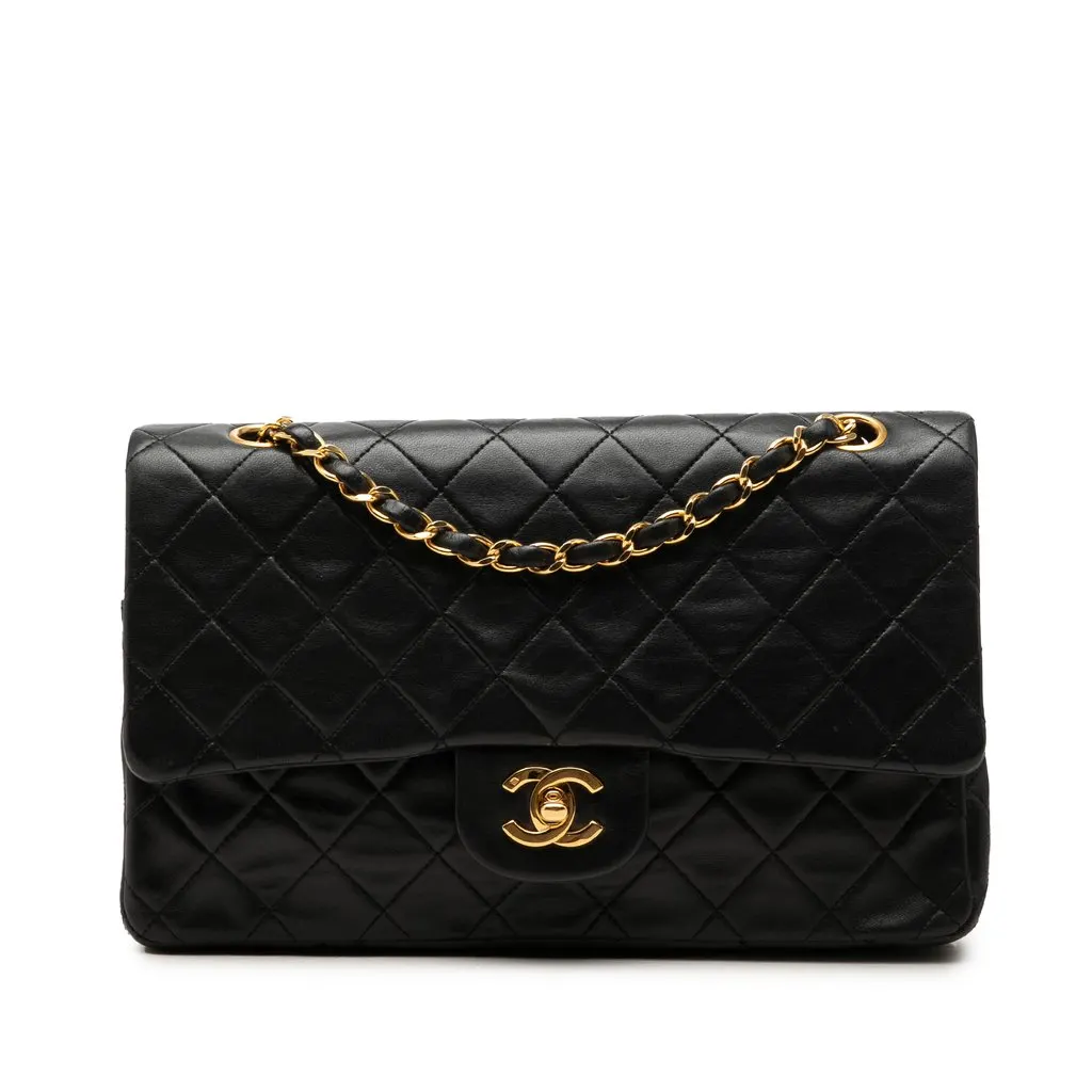 Chanel Medium Classic Lambskin Double Flap Black Leather Good - Front View