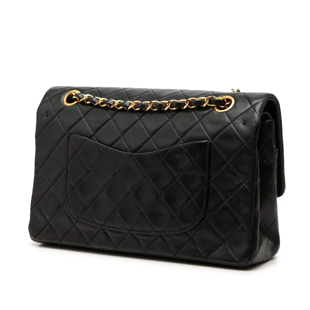 Chanel Medium Classic Lambskin Double Flap Black Leather Good - Back View