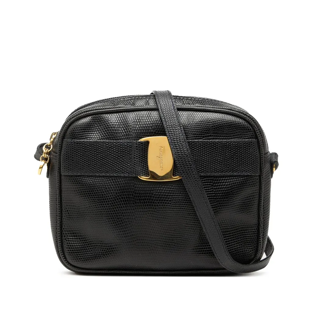 Salvatore Ferragamo Lizard Embossed Leather Vara Crossbody Black Leather Good - Front View