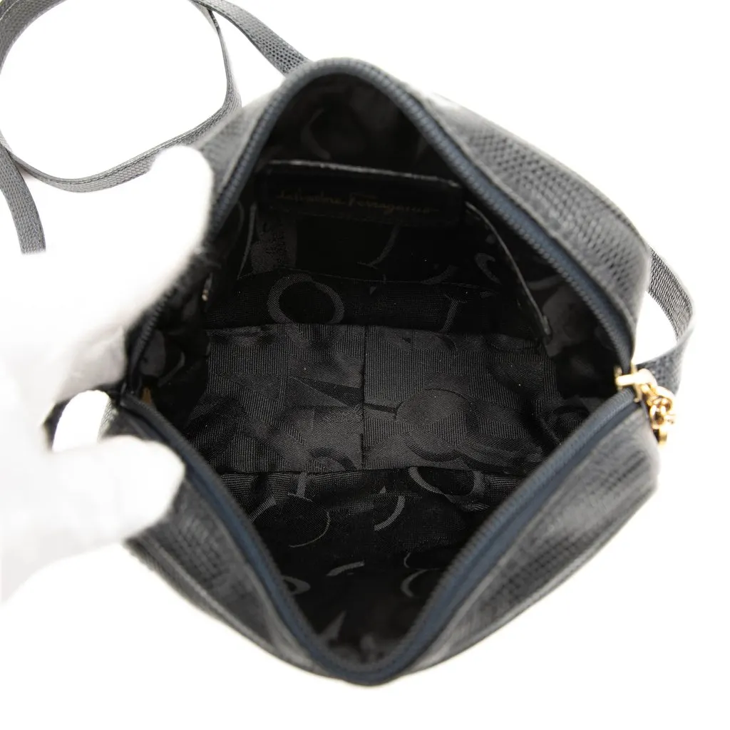 Salvatore Ferragamo Lizard Embossed Leather Vara Crossbody Black Leather Good - Model View