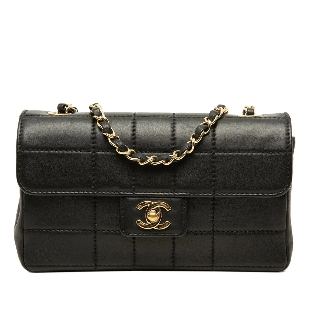 Chanel Chocolate Bar Lambskin Single Flap Black Leather Good - Front View