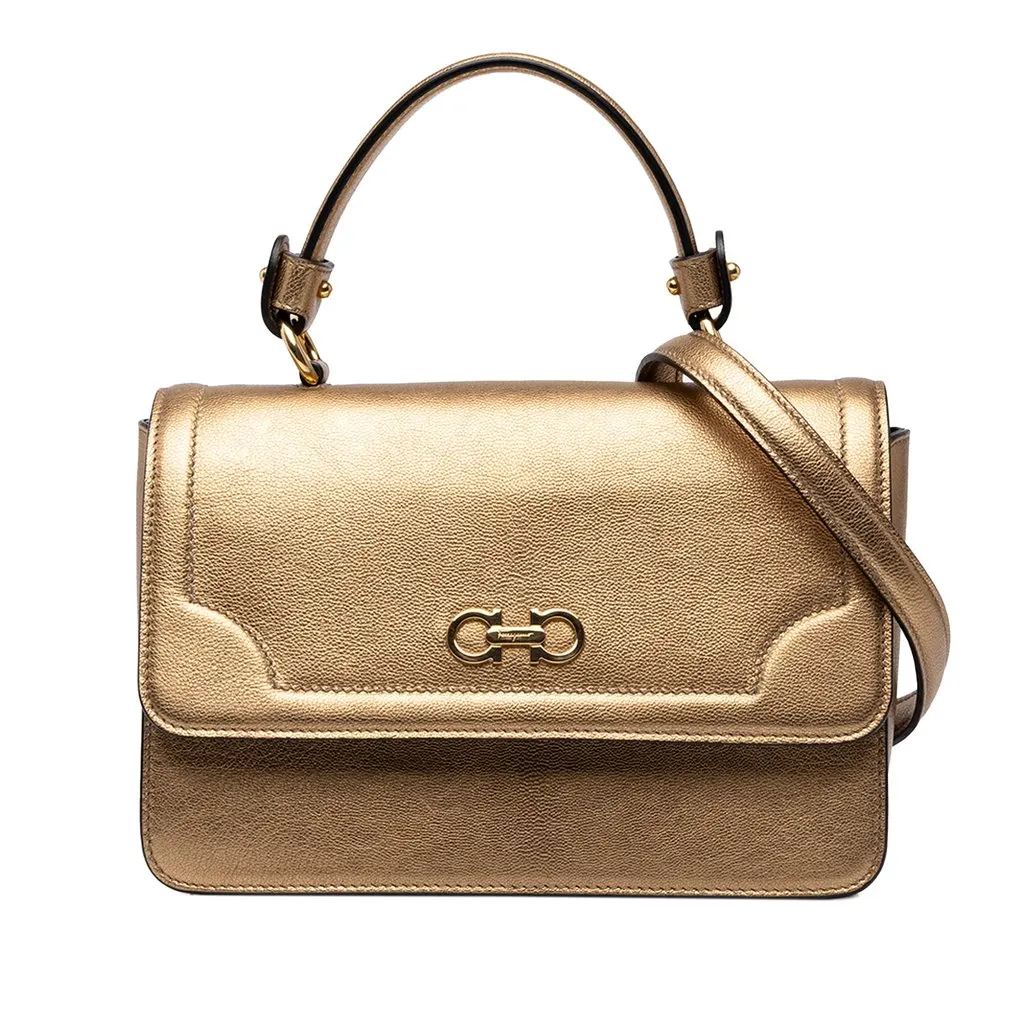 Salvatore Ferragamo Metallic Calfskin Gancini Seila Top Handle Bag Gold Leather Very good - Front View