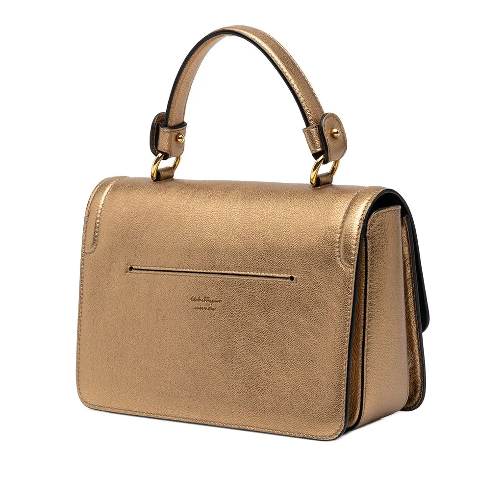 Salvatore Ferragamo Metallic Calfskin Gancini Seila Top Handle Bag Gold Leather Very good - Back View
