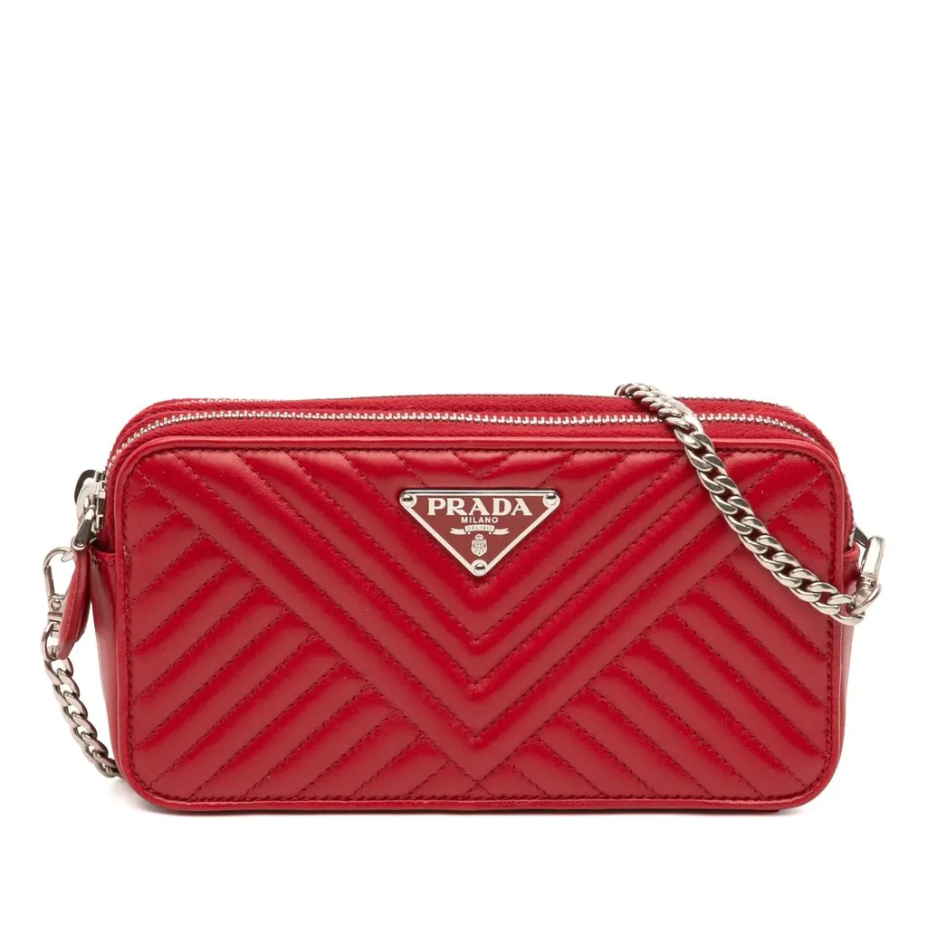Prada Mini Soft Calf Impunture Diagramme Double Zip Bag Red Leather Very good - Front View