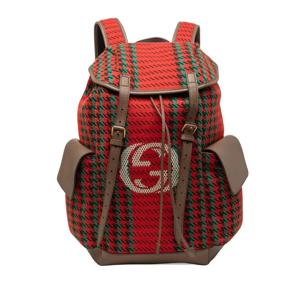 Gucci GG Wool Houndstooth and Stripe Backpack Red Wool Very good - Front View