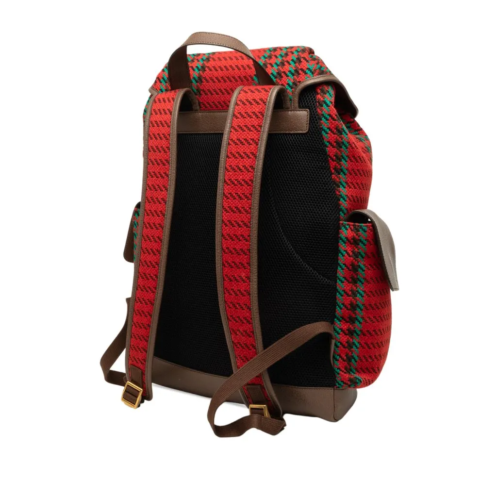 Gucci GG Wool Houndstooth and Stripe Backpack Red Wool Very good - Back View