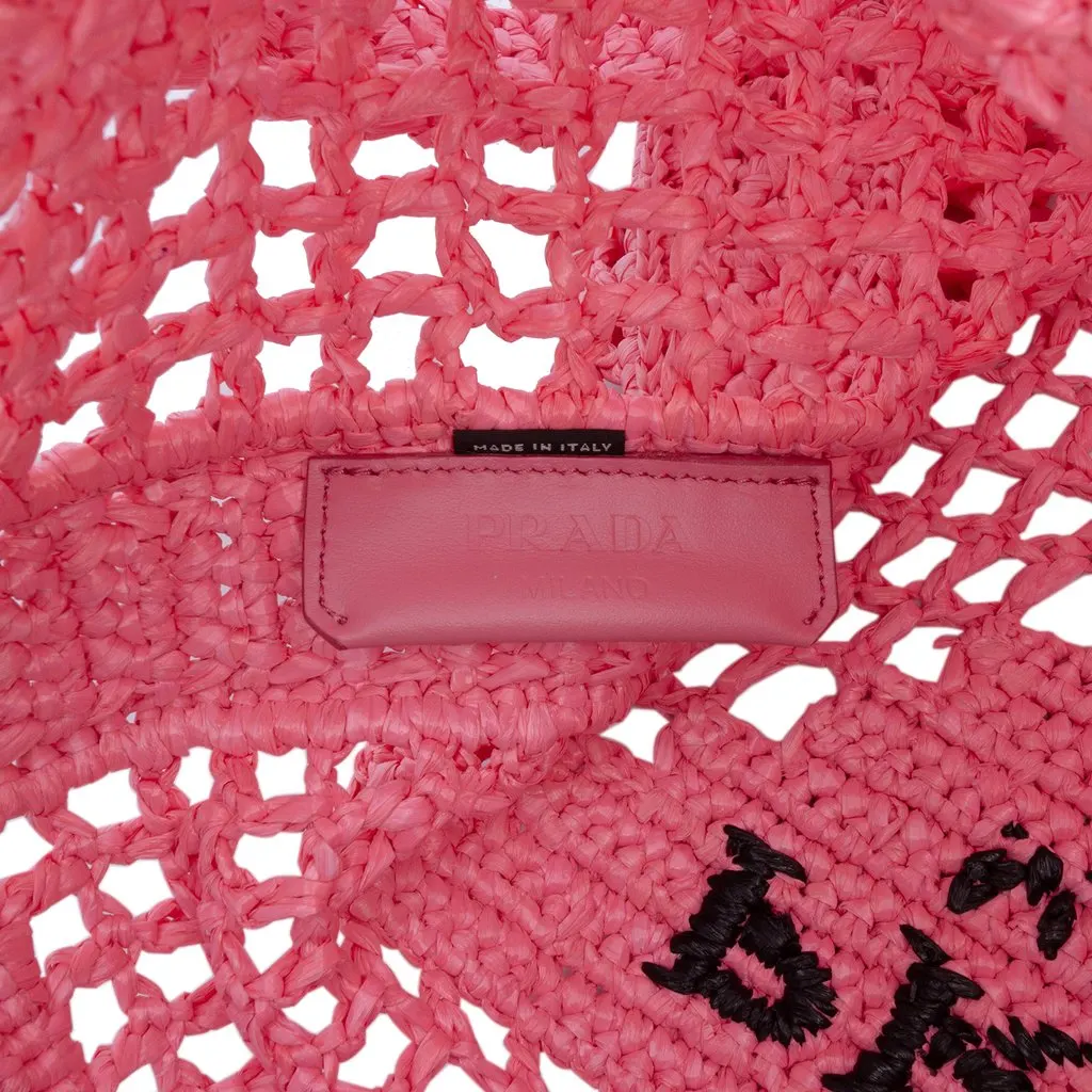 Prada Raffia Effect Crochet Logo Embroidered Tote Pink Never worn - Box View