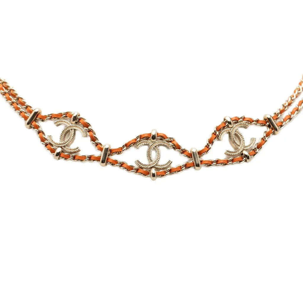 Chanel CC Gold Plated Leather Woven Wrap Choker Necklace Gold Metal Very good - Box View