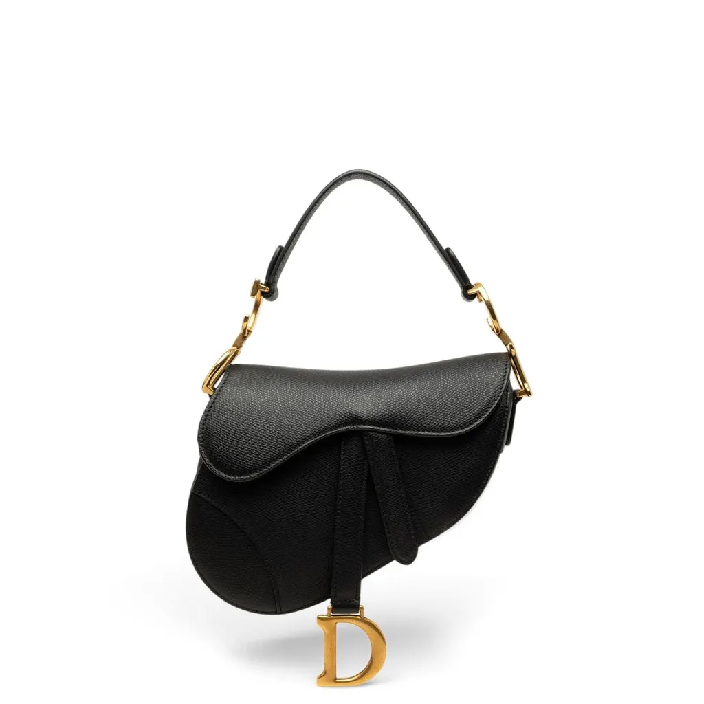 Dior Mini Grained Calfskin Saddle Bag Black Leather Very good - Front View