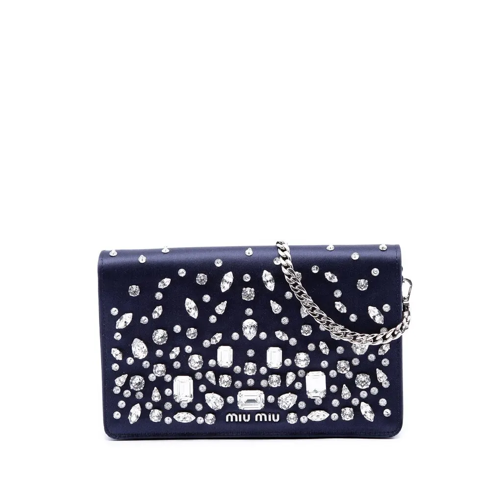 Miu Miu Crystal Embellished Satin Flap Crossbody Blue Satin Good - Front View