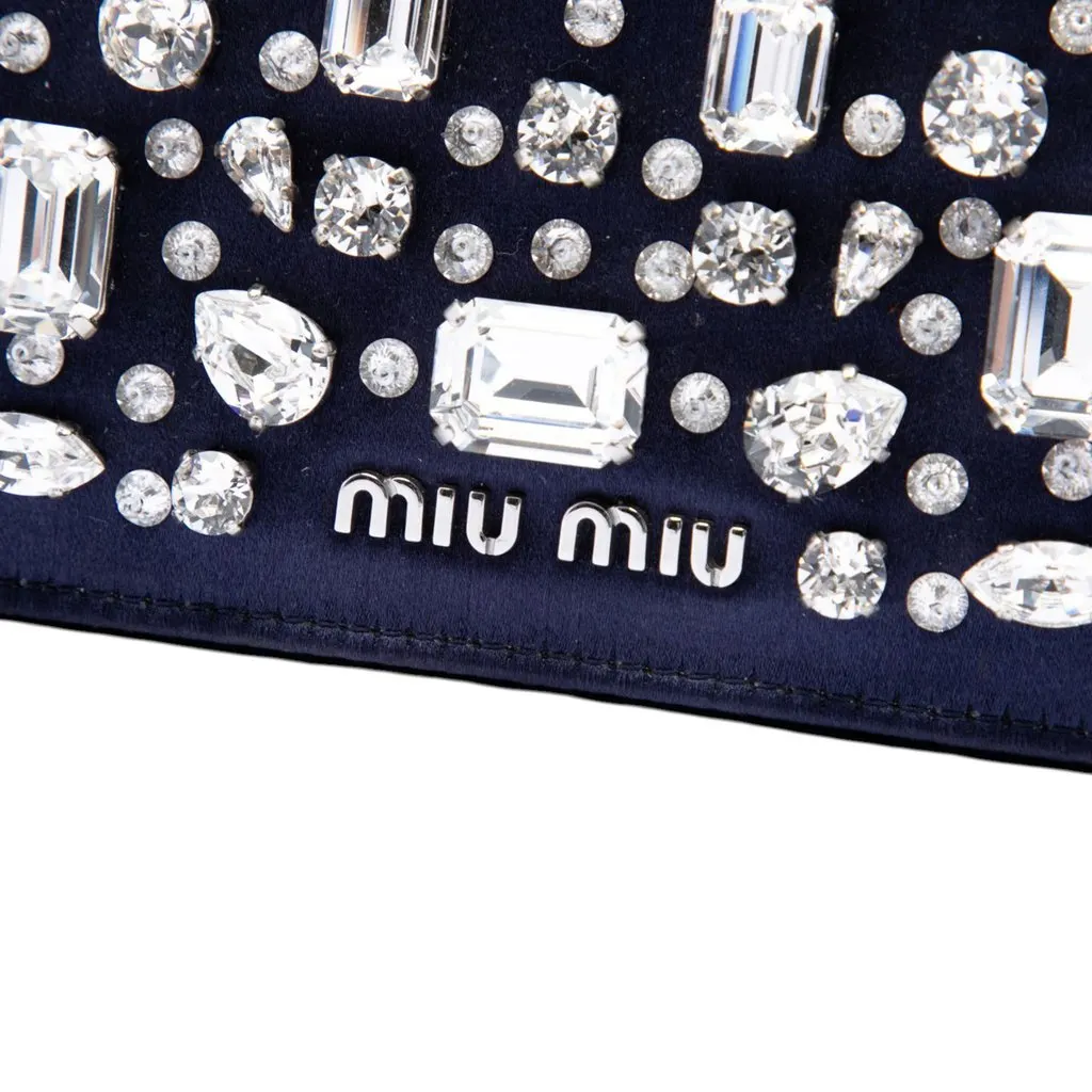 Miu Miu Crystal Embellished Satin Flap Crossbody Blue Satin Good - Box View