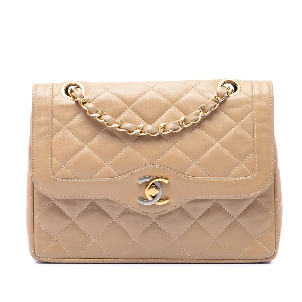 Chanel Paris Limited Edition Small CC Quilted Lambskin Double Flap Beige Leather Very good - Front View