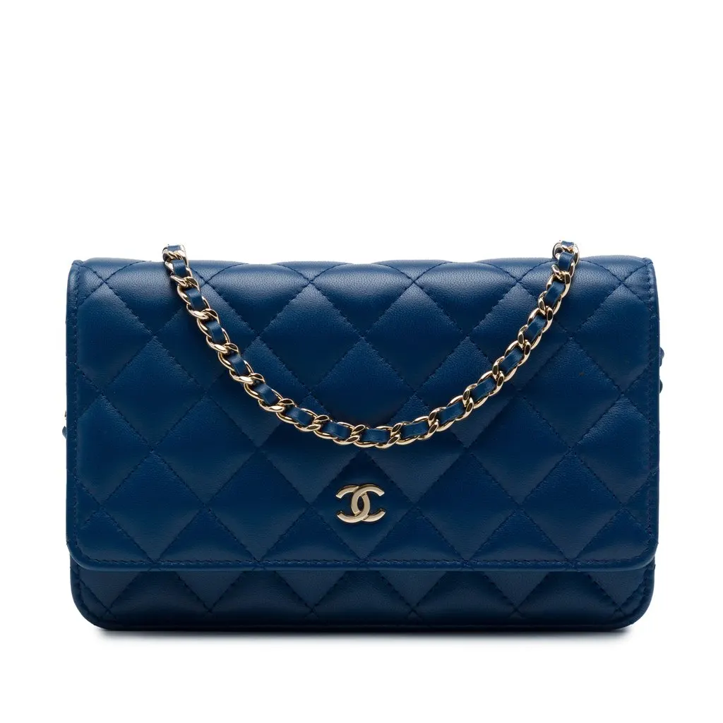 Chanel CC Quilted Lambskin Wallet On Chain Blue Leather Very good - Front View